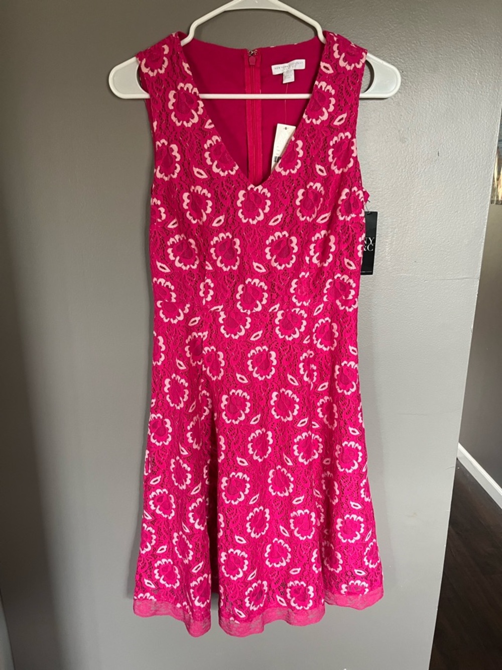 New York & Company Hot Pink Lace Floral V-Neck Midi Dress